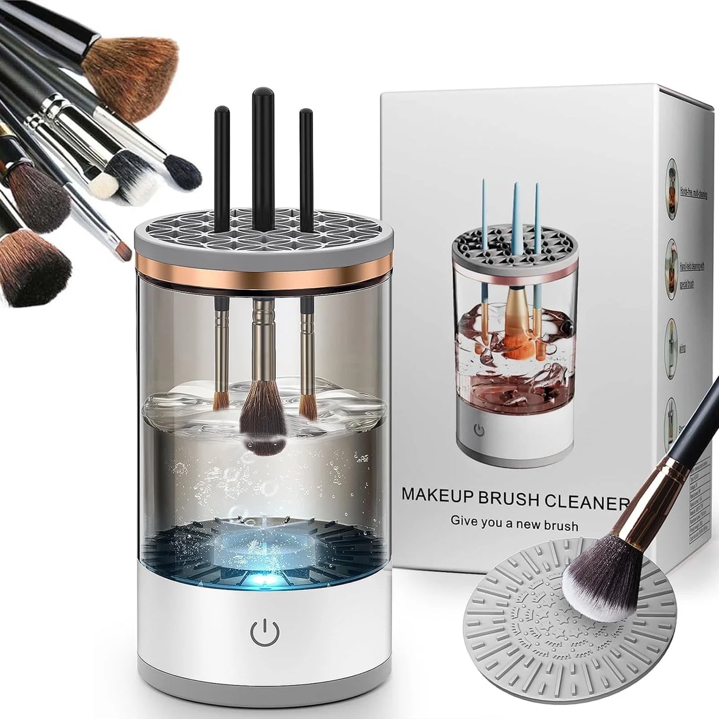 Electric Makeup Brush Cleaner Machine,Portable Makeup Brush Cleaner with Cosmetic Brush Cleaner Silicone Mat, for All Size Makeup Brushes Beauty Tools Set, Gift for Mother'S Day & Christmas